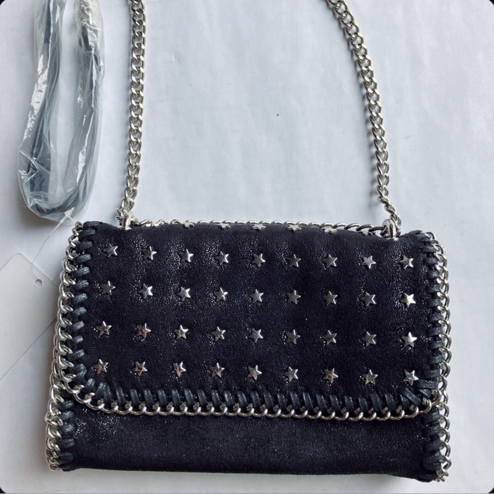 Star Studded Silver Chain Black Shoulder Bag